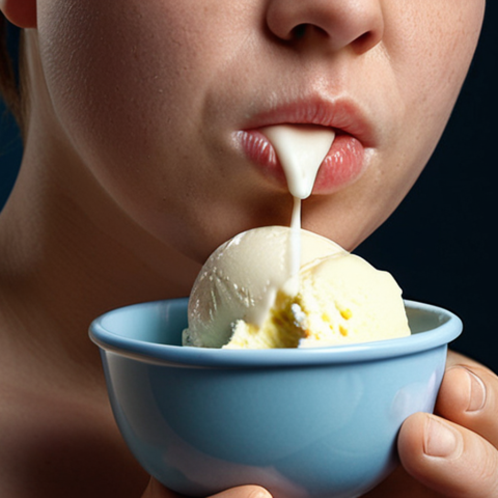 **Prompt 1 (Immediate Recovery & Comfort):** A person recovering from a tonsillectomy, gently holding their throat, cautiously eating a spoonful of vanilla ice cream from a small bowl. Soft, cool lighting. The atmosphere is one of delicate healing and gentle comfort, with an emphasis on soothing the pain. Realistic style.