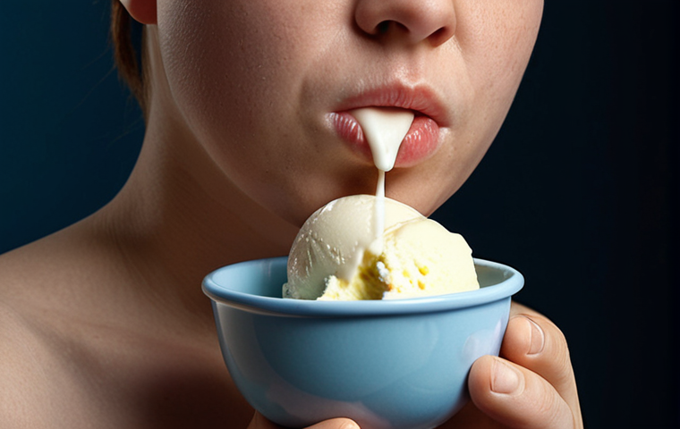 **Prompt 1 (Immediate Recovery & Comfort):** A person recovering from a tonsillectomy, gently holding their throat, cautiously eating a spoonful of vanilla ice cream from a small bowl. Soft, cool lighting. The atmosphere is one of delicate healing and gentle comfort, with an emphasis on soothing the pain. Realistic style.