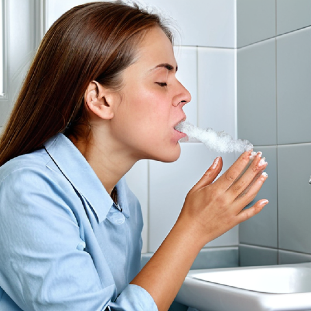 편도 결석 원인과 제거 방법 - **Professional Woman Gargling with Salt Water:** "A woman in a professional setting, fully clothed, ...