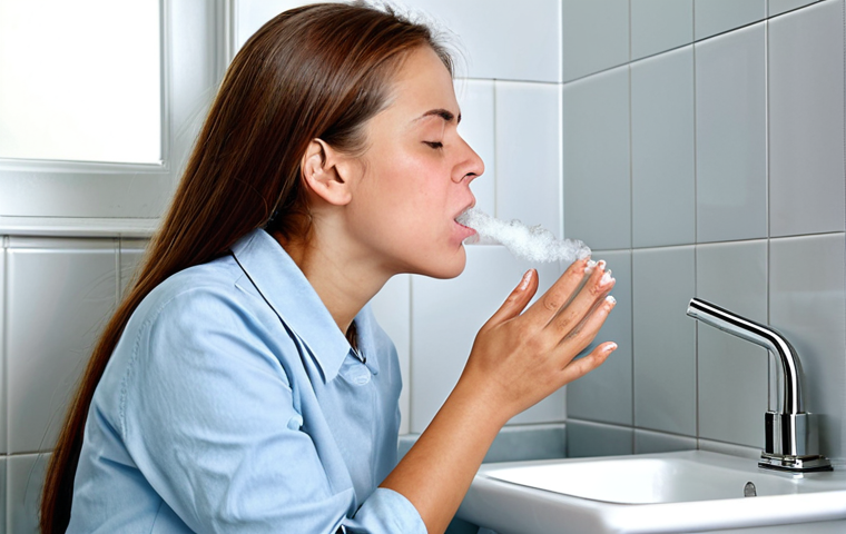 편도 결석 원인과 제거 방법 - **Professional Woman Gargling with Salt Water:** "A woman in a professional setting, fully clothed, ...