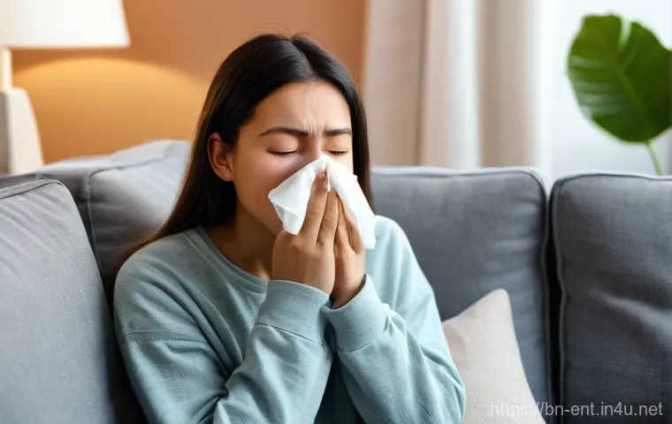 이비인후과에서 시행하는 알레르기 검사 - **Prompt 1: Allergic Discomfort at Home**
A young woman, approximately 25-30 years old, with a t...